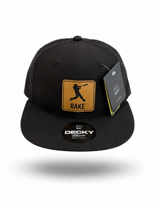 Baseball Rake Snapback Hat (Black - Tan Patch - Flat Bill)